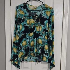 Umgee Blue and Gold Asymmetrical Tie Front Blouse